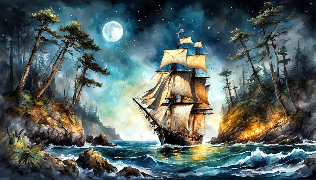 Colonial Sloop Evades British Patrol in Watercolor