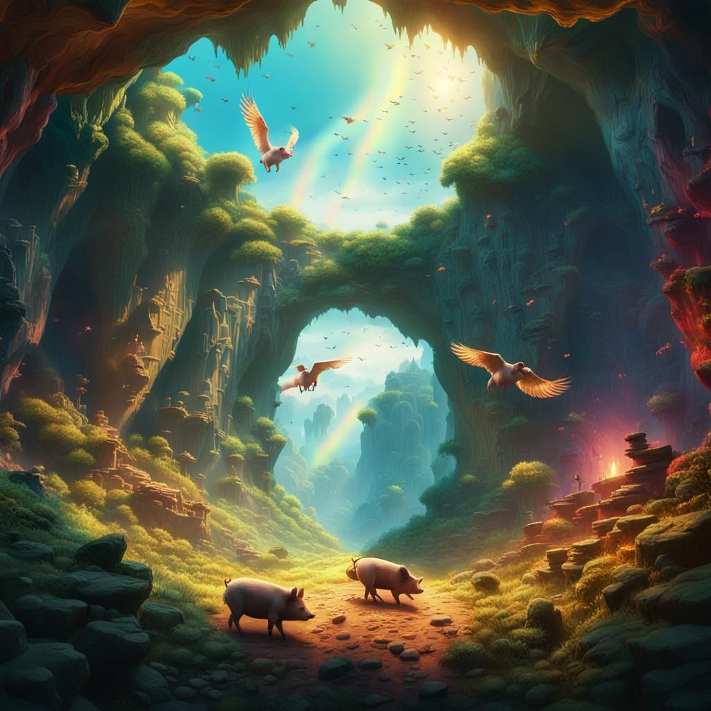 Winged Pigs Fly from Cave: Epic Matte Painting