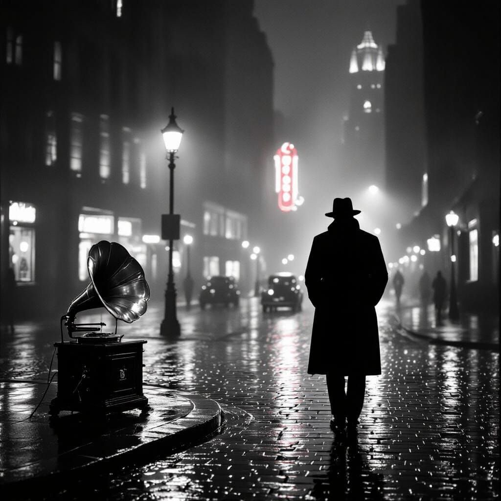 Film Noir Scene: Trench Coat Figure on Rainy Street