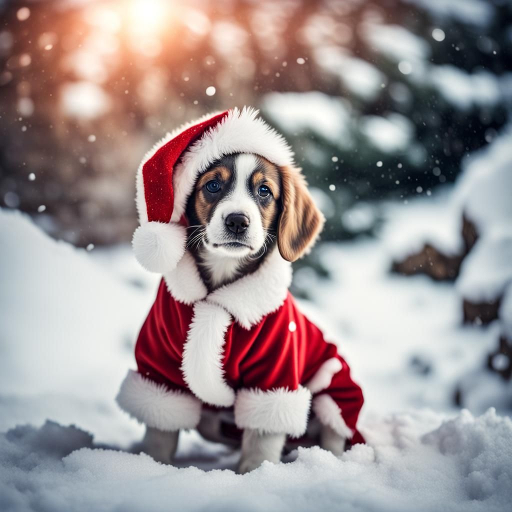 Santa Puppy Playing in Snowy Winter Scene