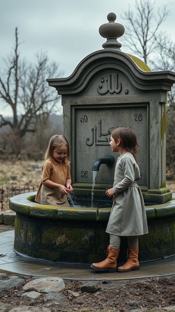 Girls at Weathered Fountain in Atmospheric Countryside