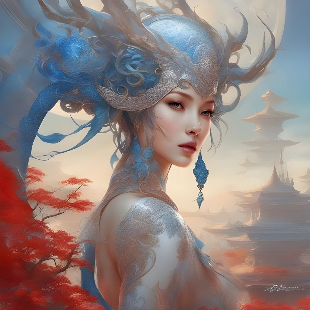 Alien Girl Portrait with Porcelain Skin in Splash Art