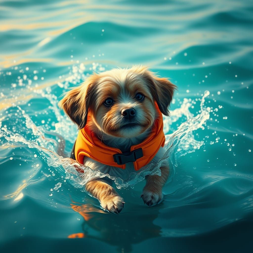 Vibrant Dog Plays in Turquoise Waves