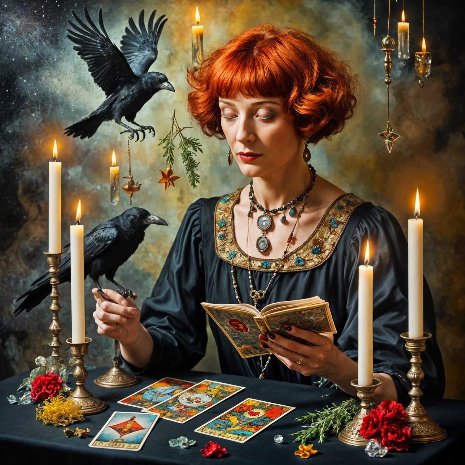Surreal Witch Reading Tarot Cards, Oil on Canvas