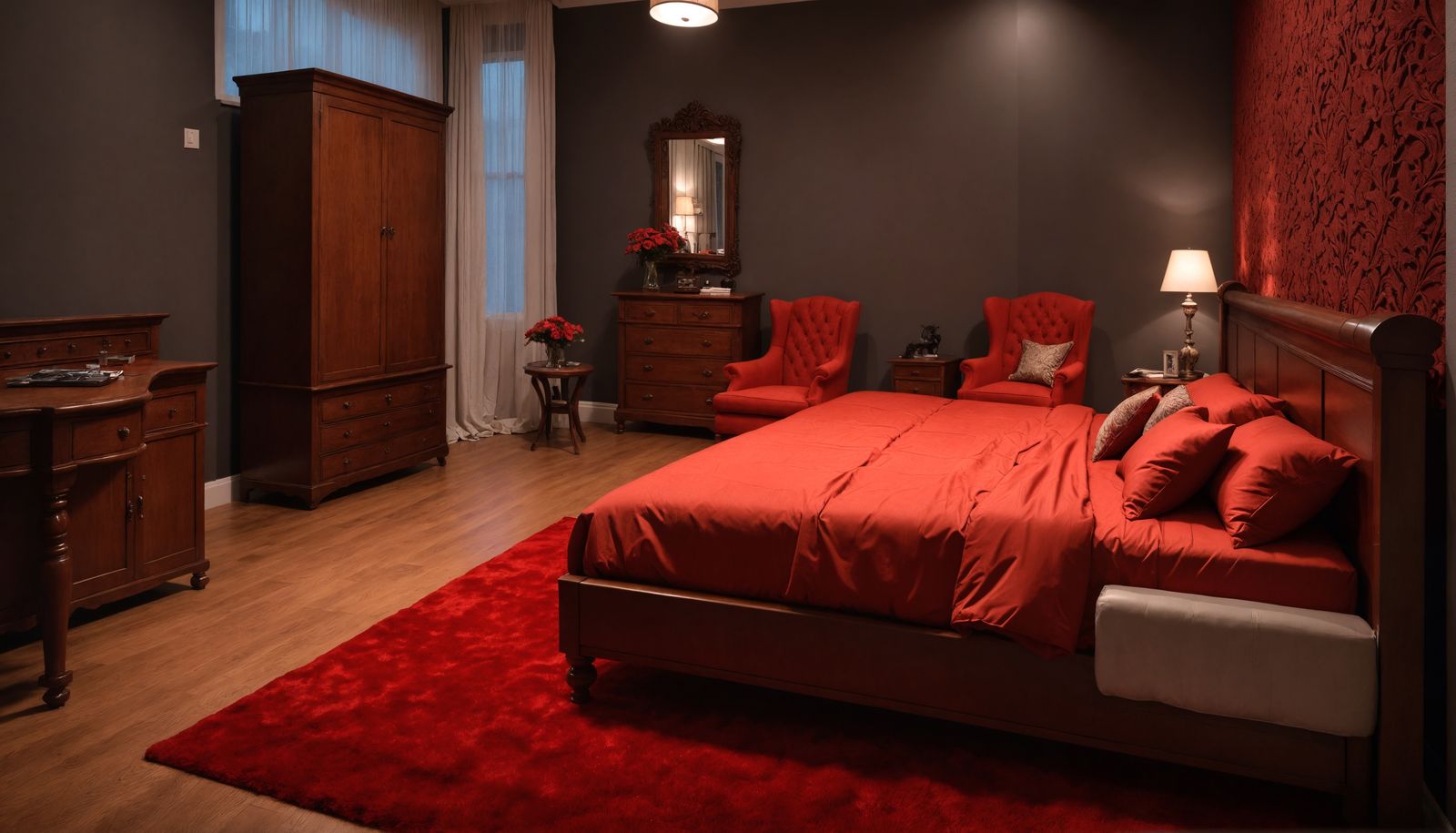 Hyperrealistic Bedroom with Red Bed in HDR