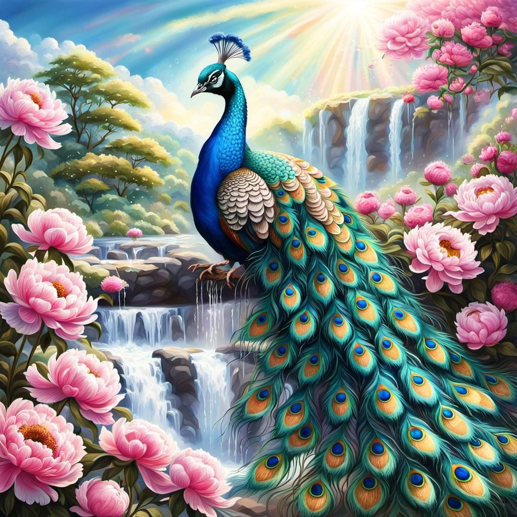 Photorealistic Peacock Spreading Feathers in Sunlight
