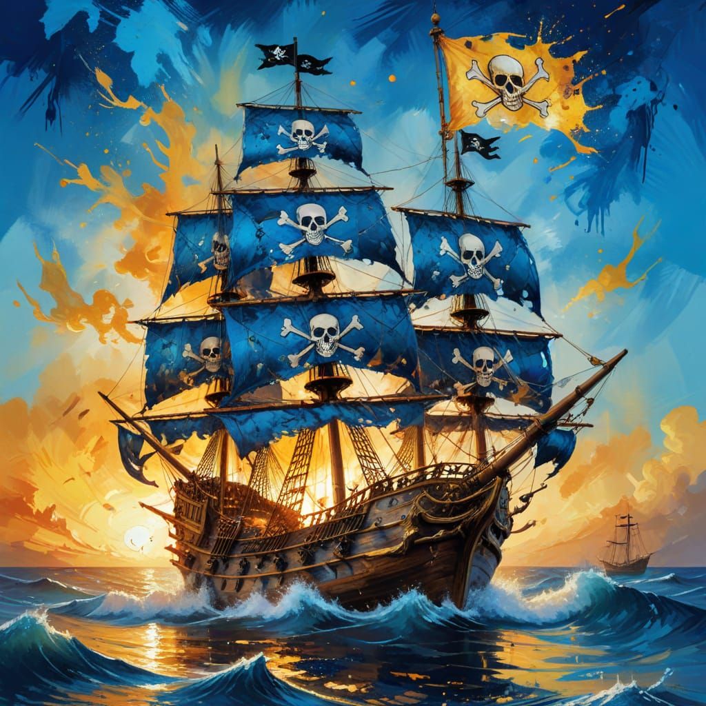 alcohol drip painting of a three masted Galleon flying the skull and crossbones flag, Black sails, smooth seas, good tra...