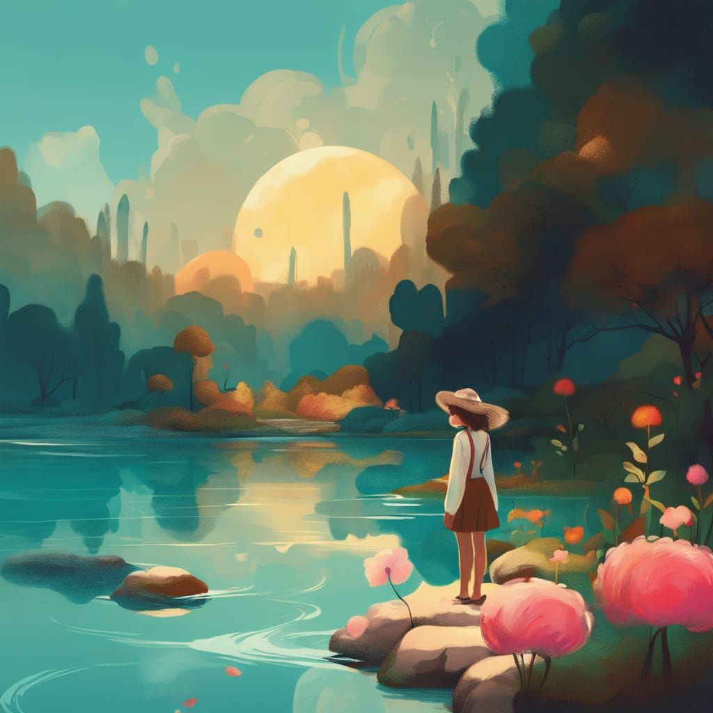 Woman at Water's Edge in Impressionistic Style