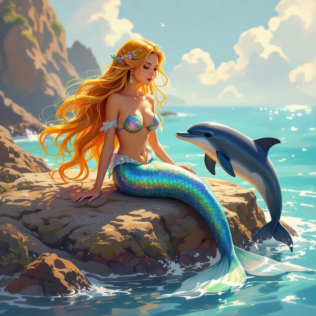 Ethereal Mermaid Sunning with Dolphin, Dreamy Art