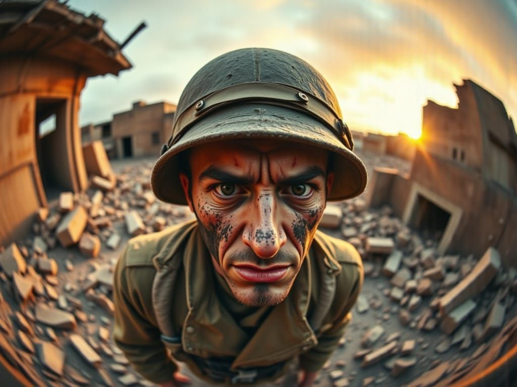 World War Two Soldier in Distorted Fisheye View, Amidst Ruin...