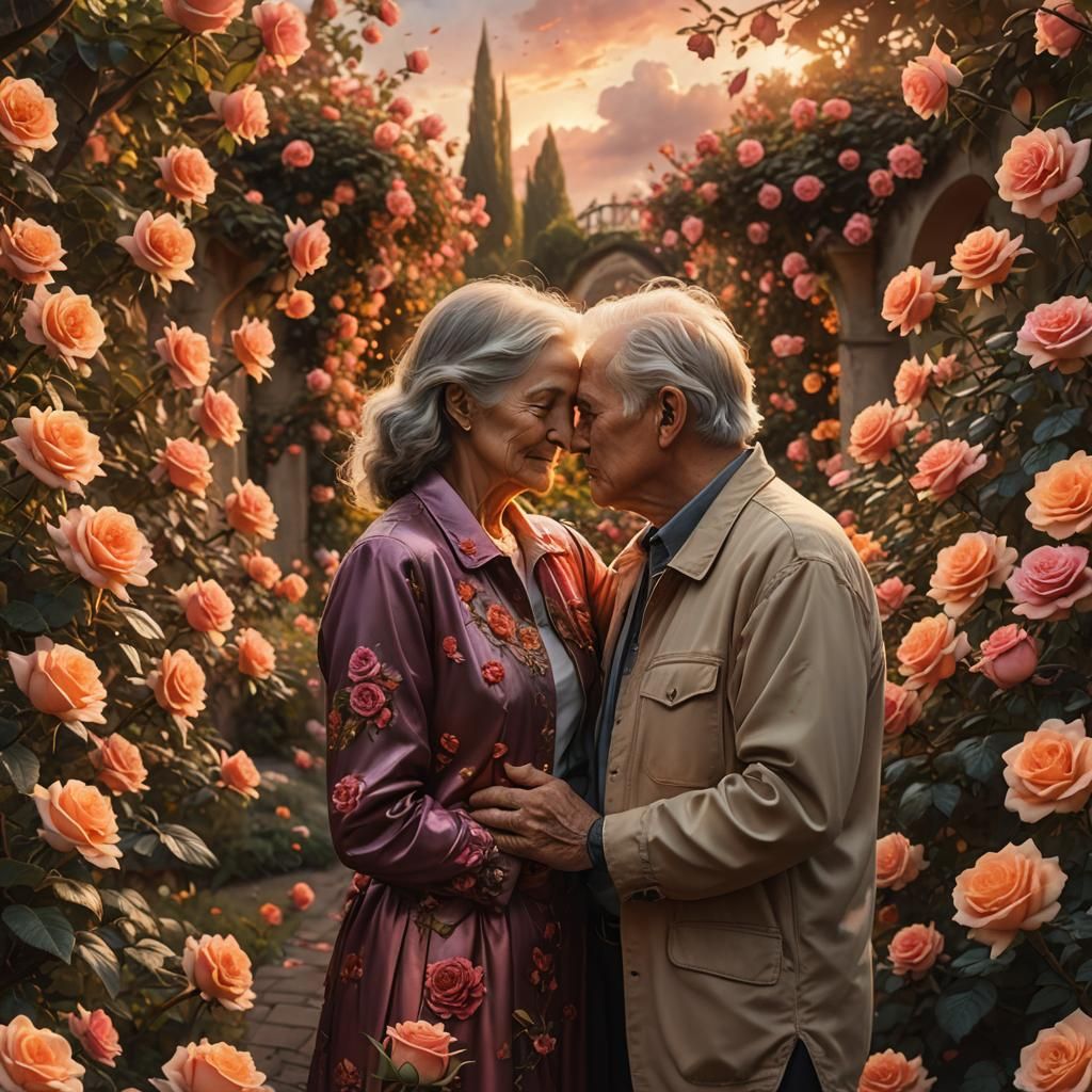 Romantic Sunset Embrace in Rose Garden: Cinematic Still
