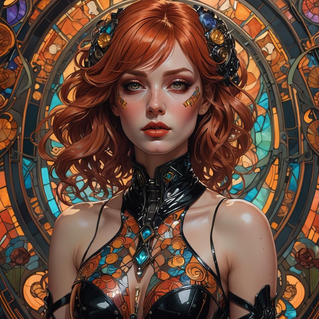 Redhead in Latex Boots with Cyberpunk Art Nouveau Style