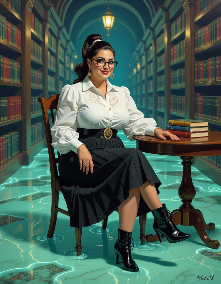 Surreal Librarian Portrait in Melting Oil Style