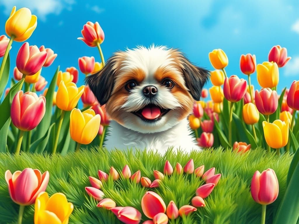 Happy Shih Tzu in Tulip Garden, Watercolor Style