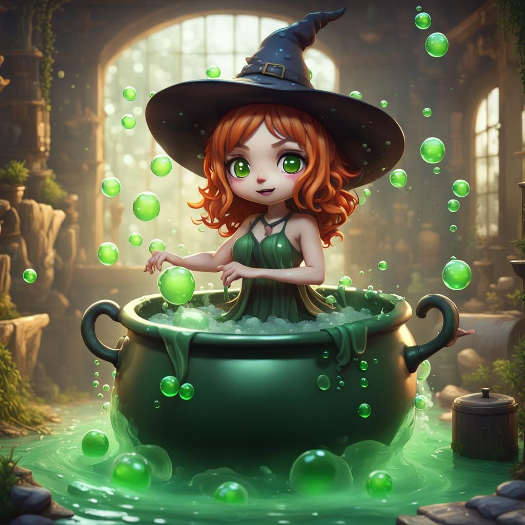 Chibi Witch Bathing in Cauldron, Detailed Matte Painting