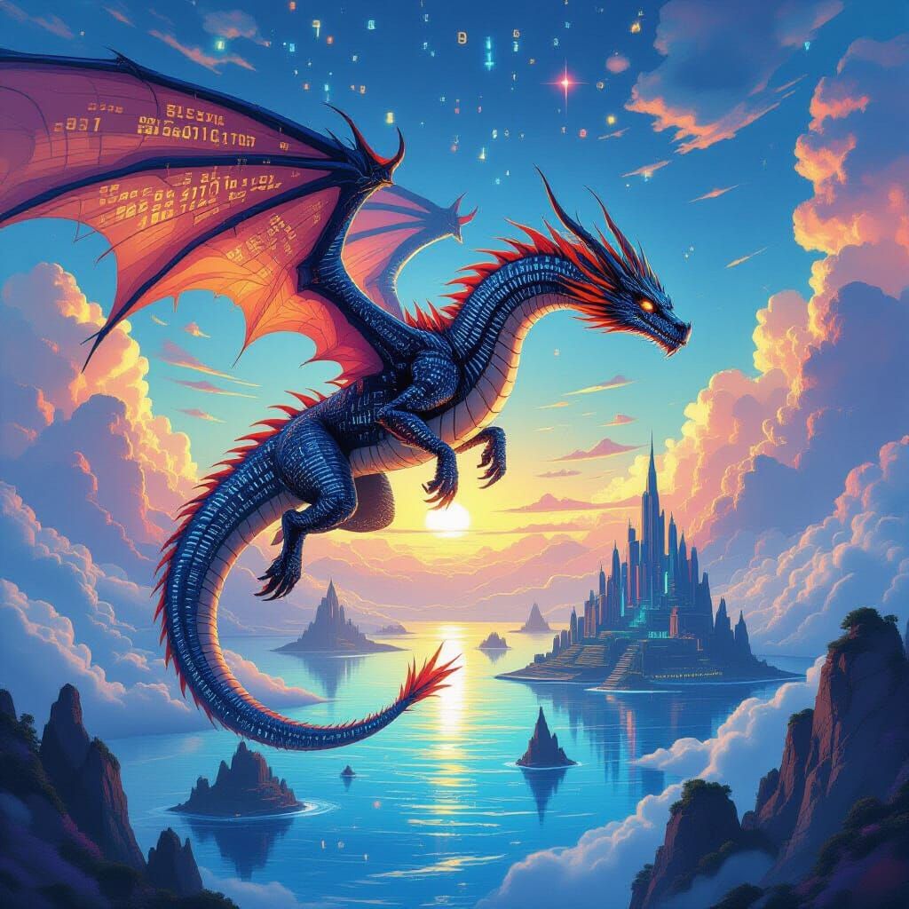 Digital Dragon Soars Through Cyberpunk Sky