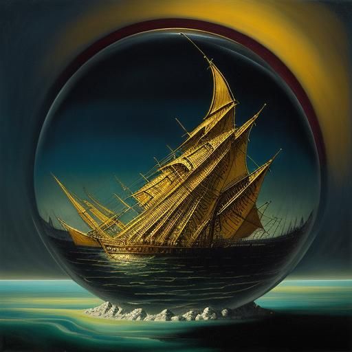Surreal Shipwreck in Dali Style, Oil on Canvas