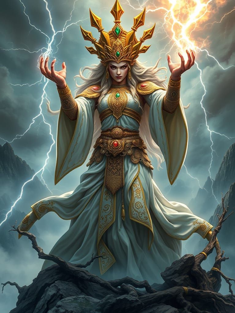 Wrathful Goddess of Divine Fury in Epic Stormy Landscape