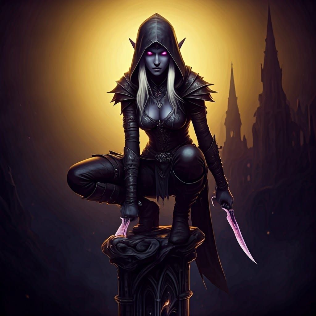 Drow Rogue on Gothic Spire: Dark Fantasy Art