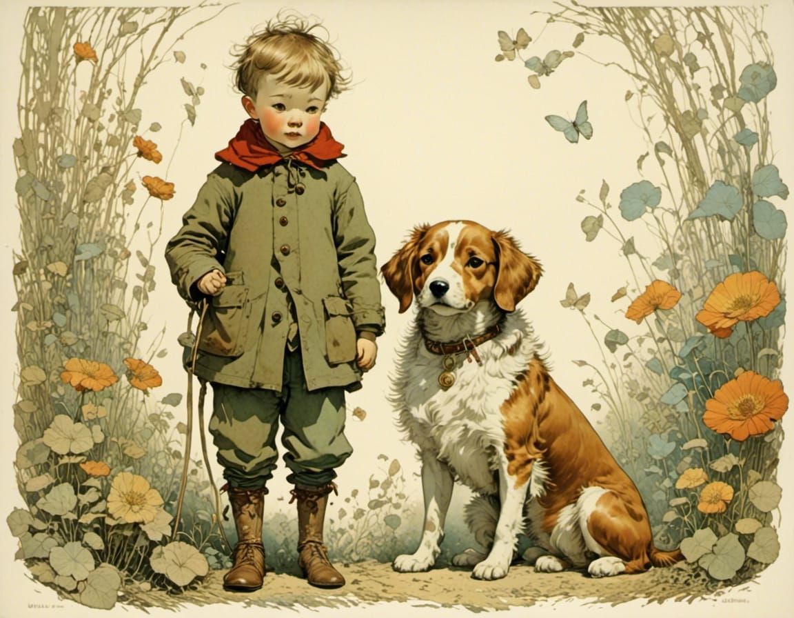 Toddler and Dog in Whimsical Illustrative Style