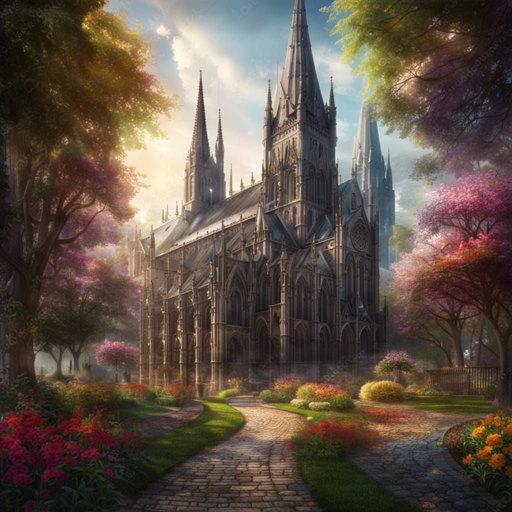 Monumental Gothic Cathedral in a Flowered Village: Digital A...