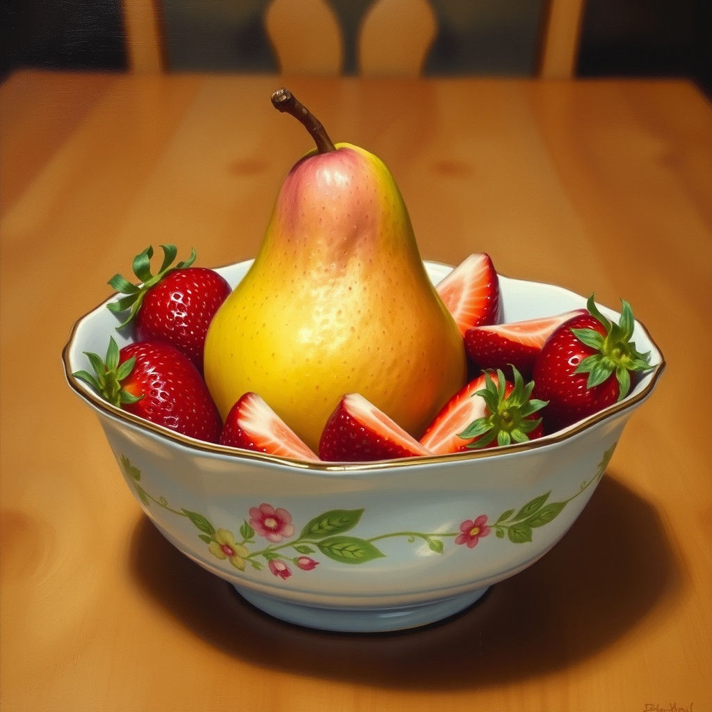 Bartlett Pear and Strawberries, Oil Painting