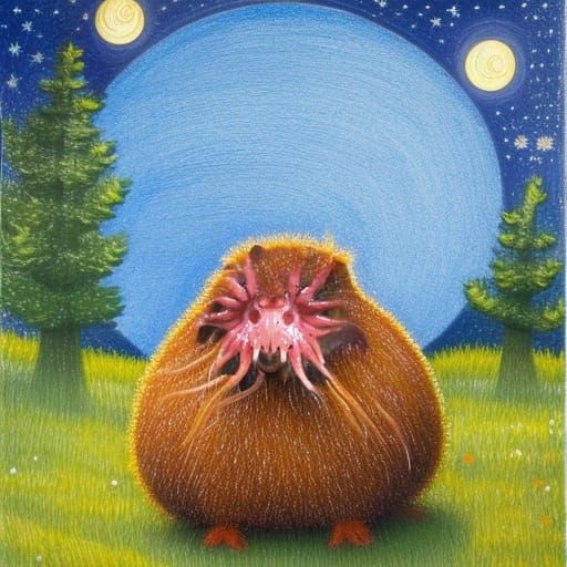 Realistic Star-Nosed Mole Gazing at Moon in Tempera