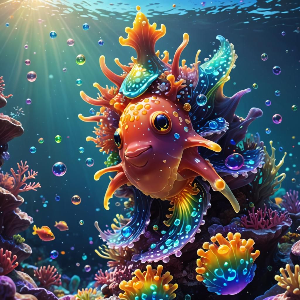 Surreal Anime Sea Slug Dances in Iridescent Paradise