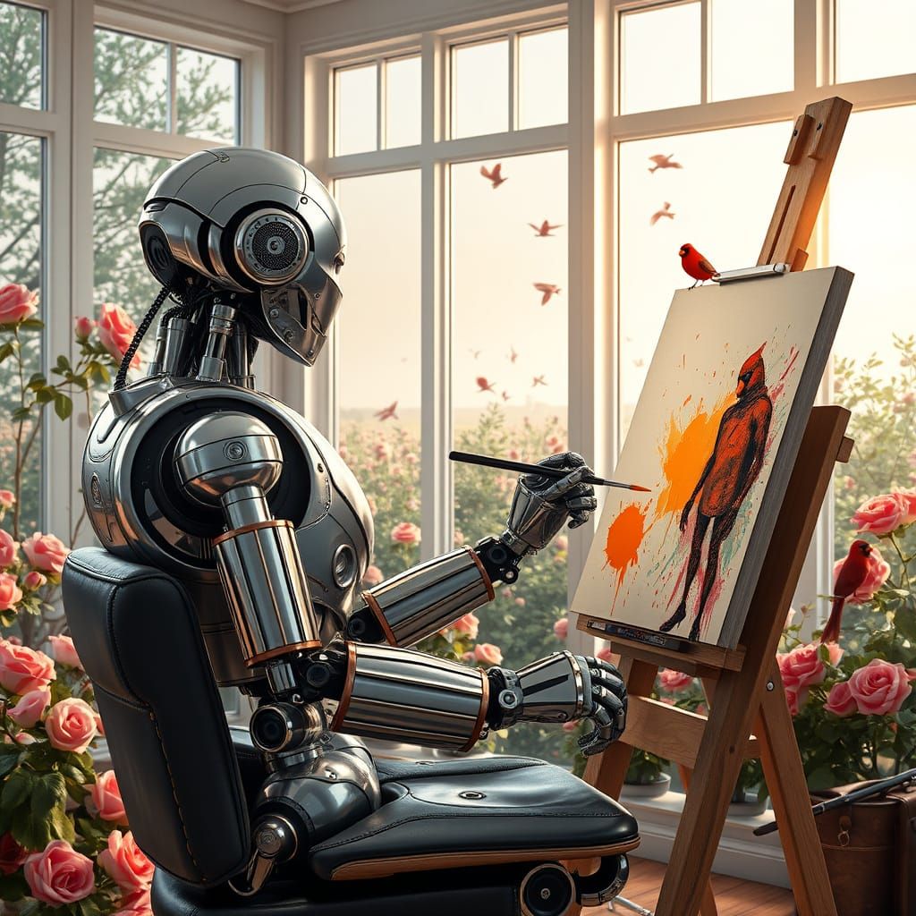 A Cyberpunk Robot Paints a Masterpiece in a Vibrant Rose Gar...