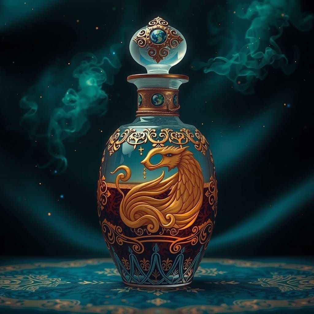 Whimsical Perfume Bottle in a Mystical Apothecary