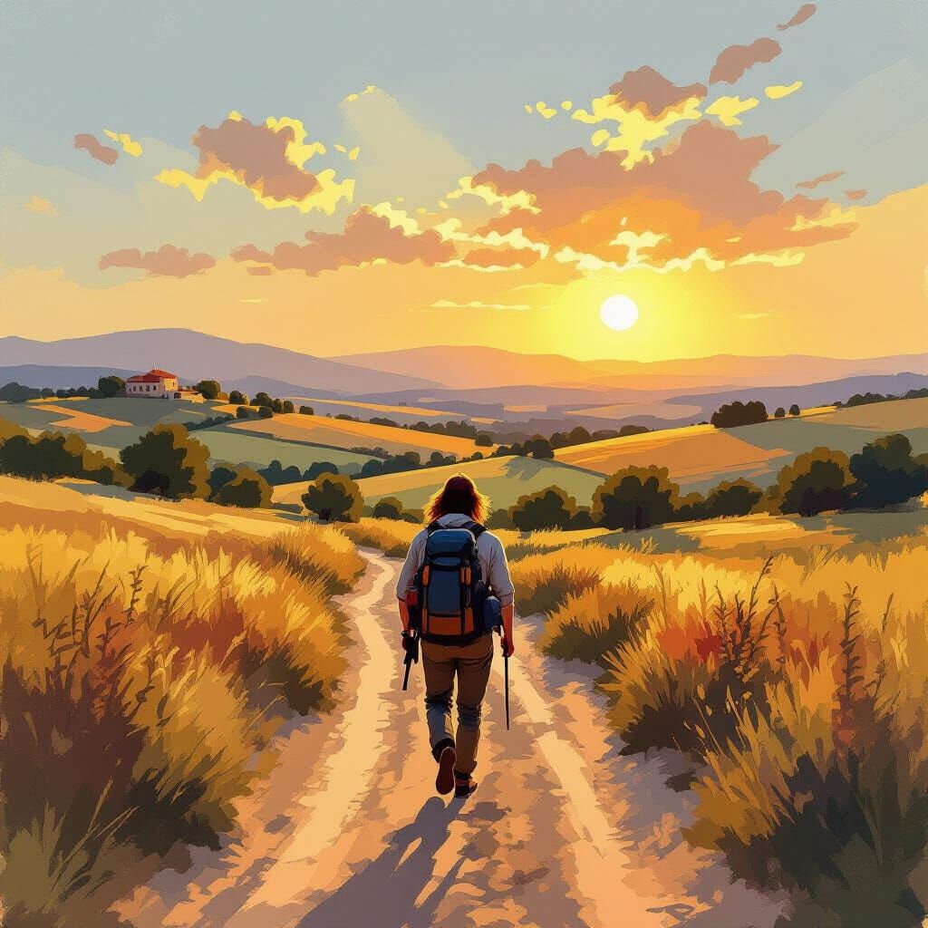 Golden Hour Hiker on Camino de Santiago Trail