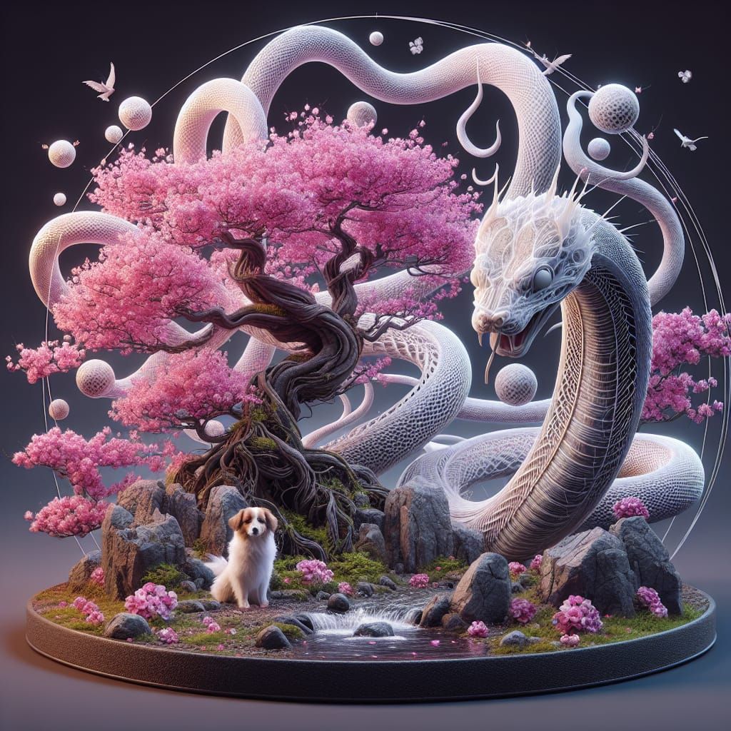 Bonsai Cherry Blossom with White Serpents and Dog