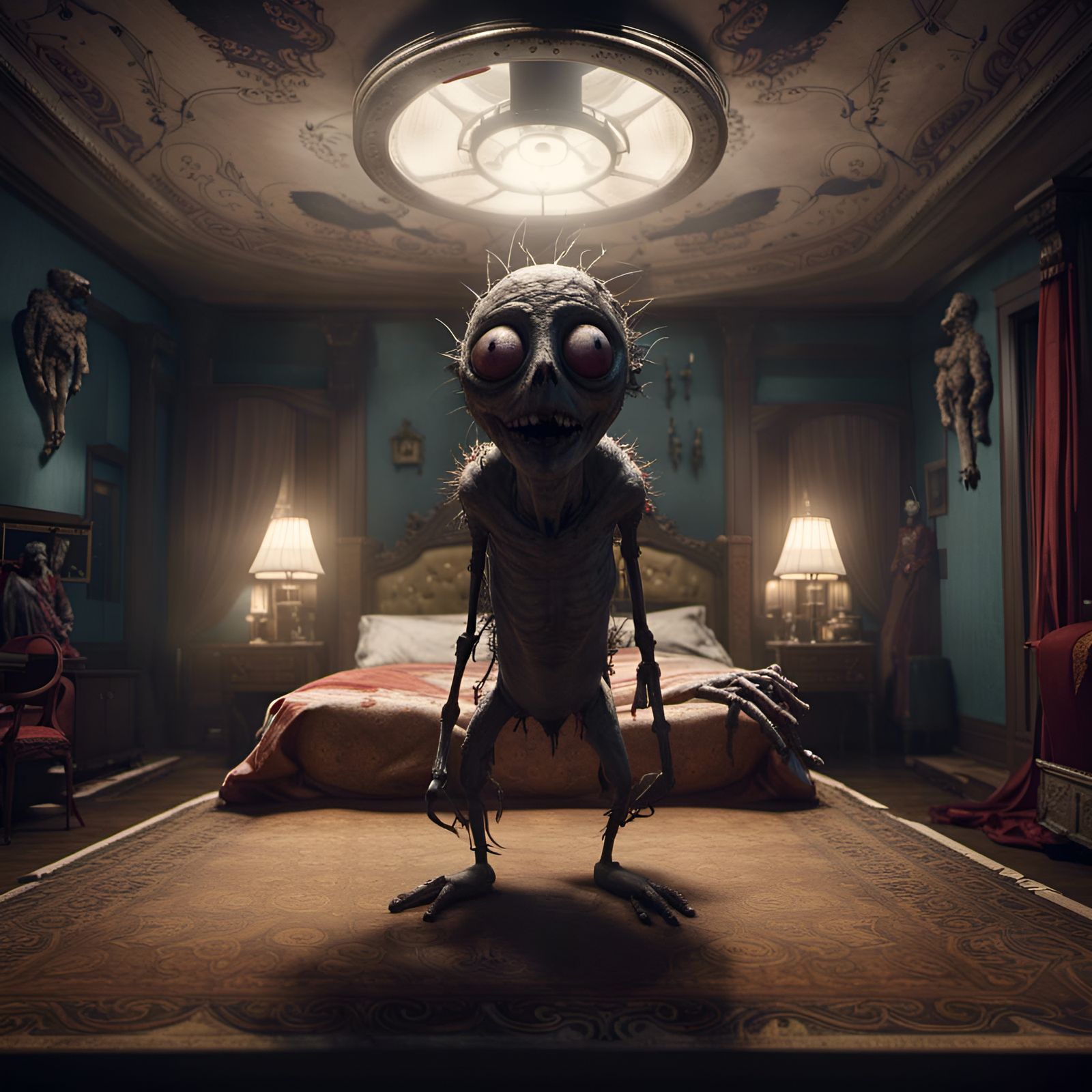 Creepy Bedside Creature in Tim Burton Style