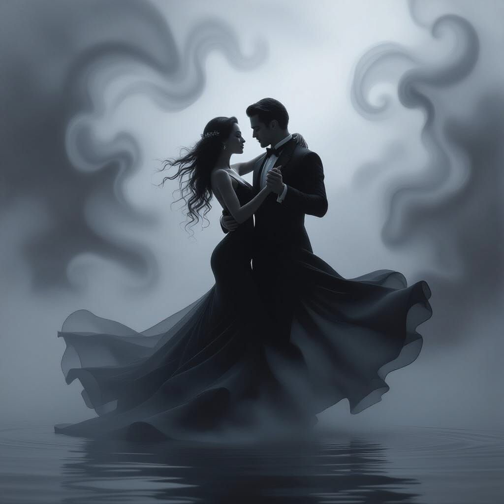 Ethereal Couple Dancing Tango in Misty Monochrome