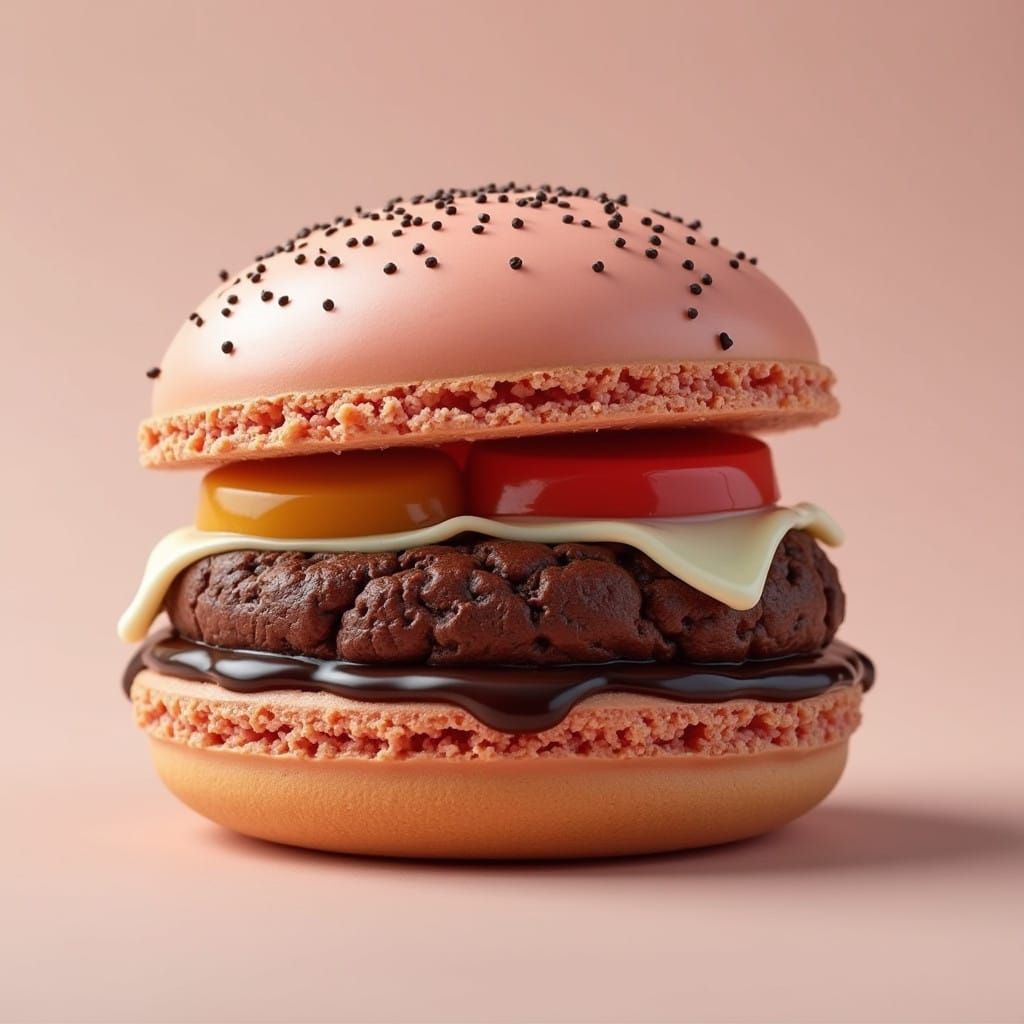 Realistic Chocolate Burger Trompe l'Oeil with Macaron Dome a...