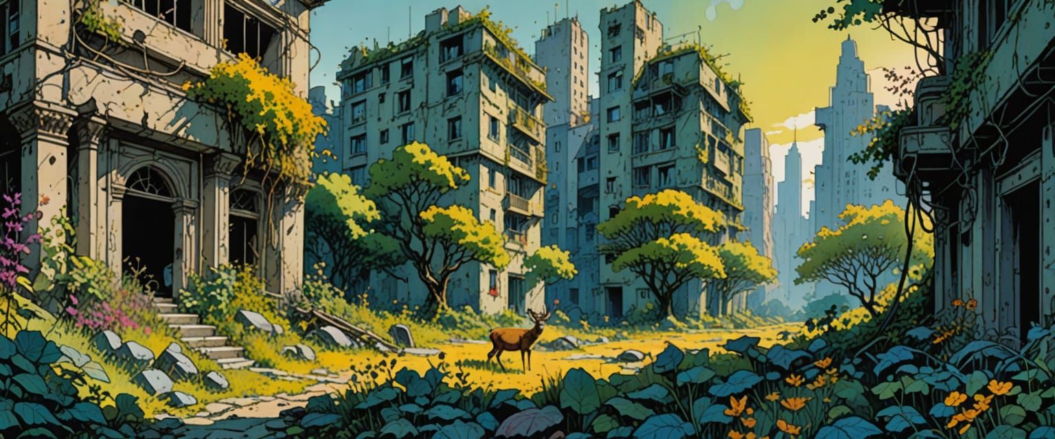 Post-Apocalyptic City Ruins in Watercolor Style