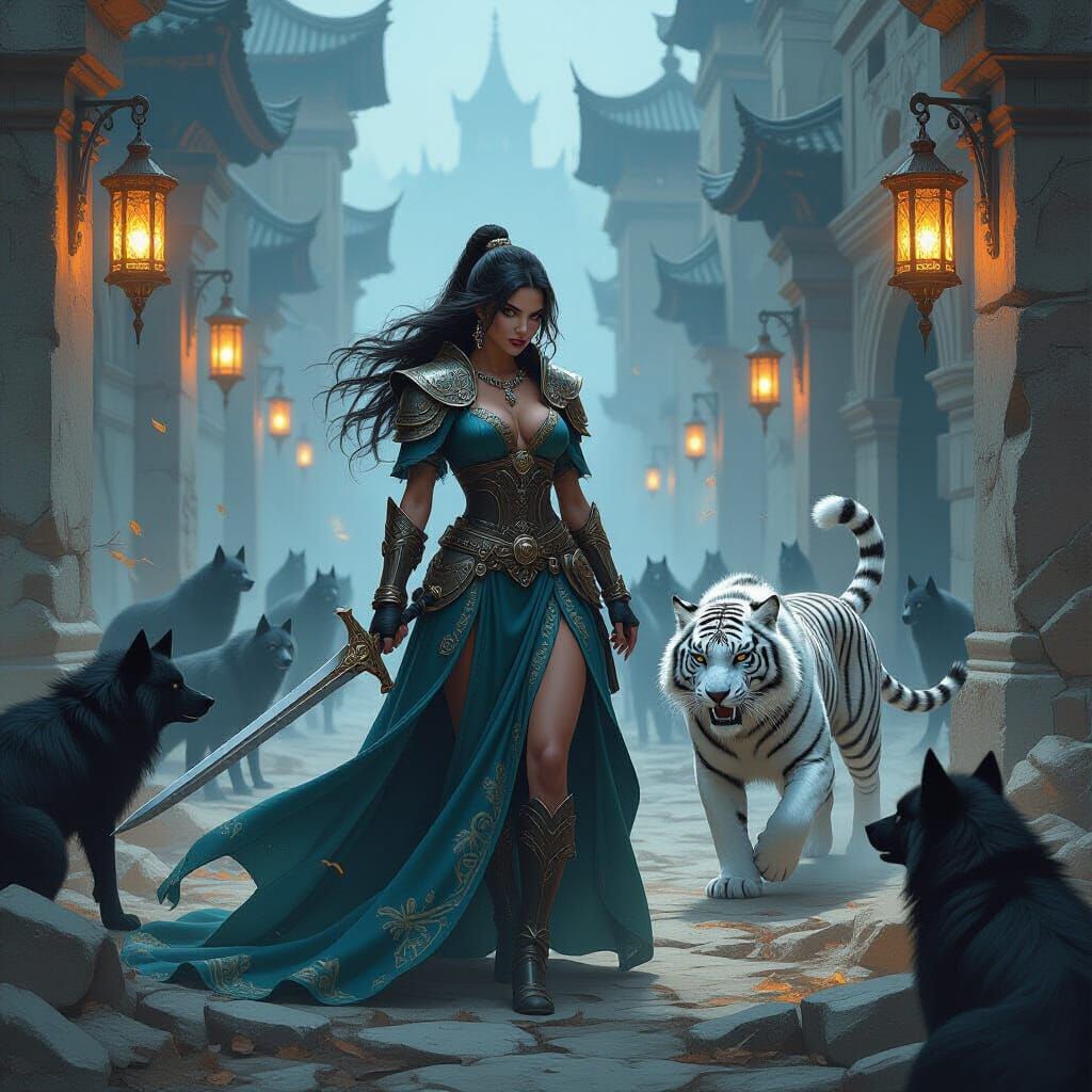Fierce Warrior Woman with Spectral Wolves