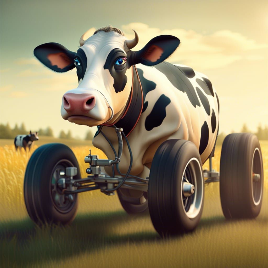 Cow Racecar Mashup in a Field, Digital Art