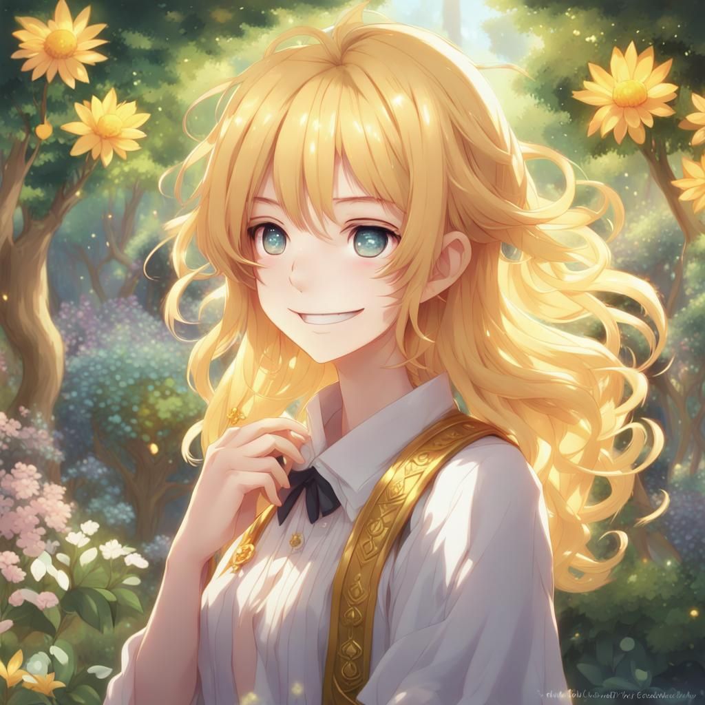 Anime Character with Golden Hair in Magical Garden