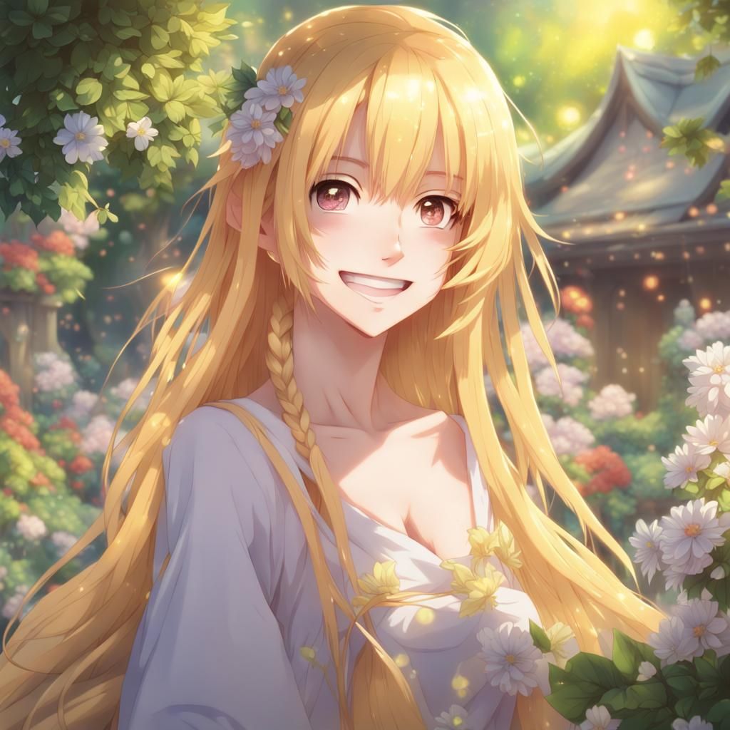 Smiling Anime Character in Magical Garden