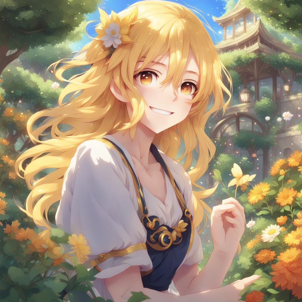 Anime Character with Golden Hair in Magical Garden