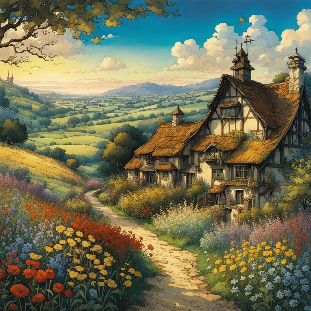 Anime Countryside Scene in Arthur Rackham Style