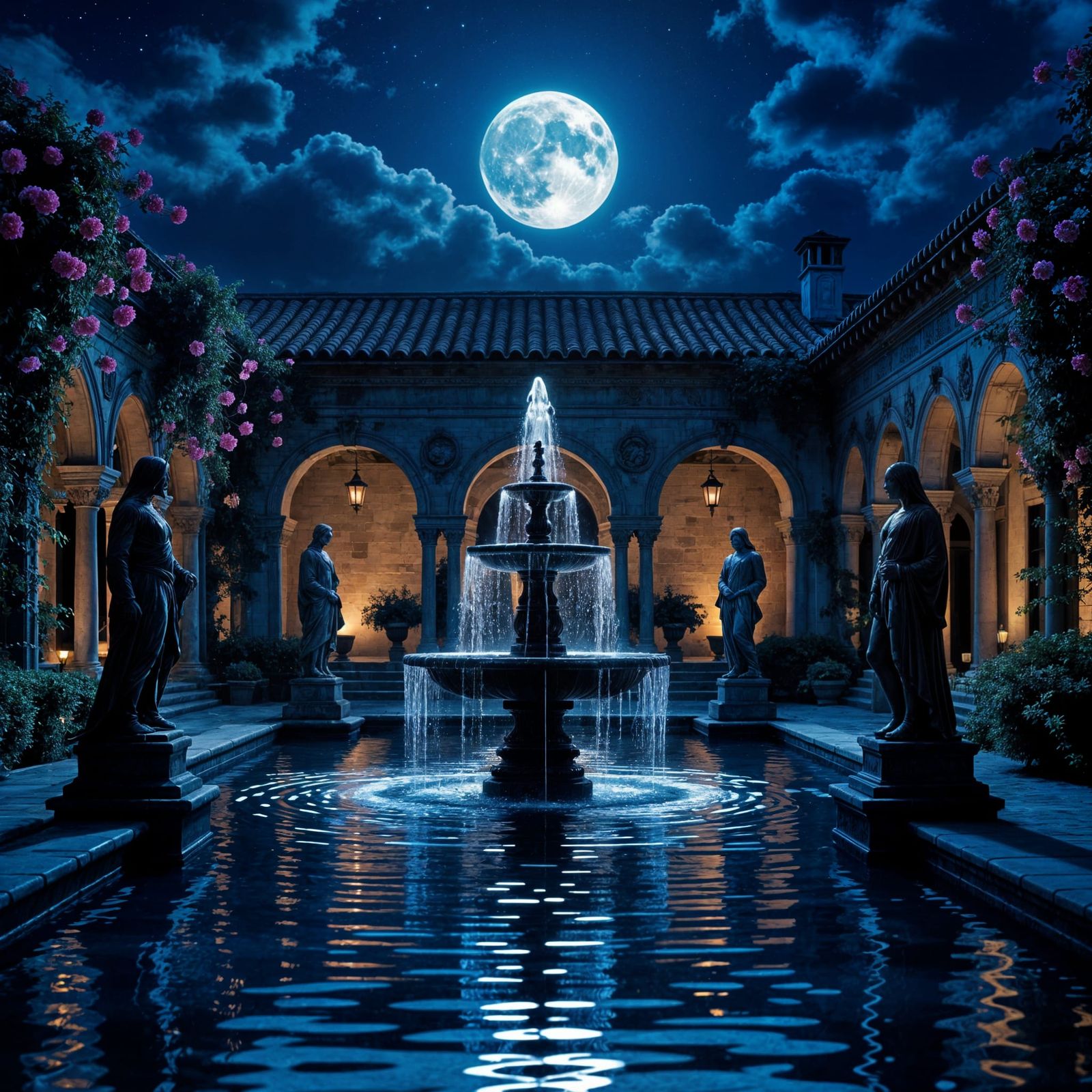 Glowing Fountain in Moonlit Courtyard, Gothic Horror Style