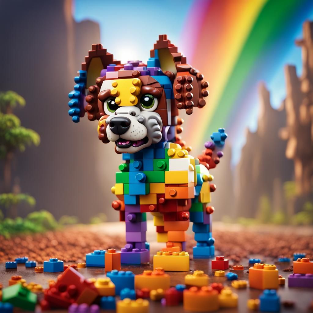 Rainbow Lego Dog: Detailed Matte Painting