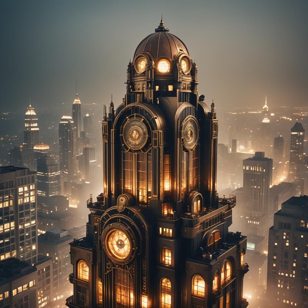 Art Deco Steampunk Skyscraper in Moonlit Cityscape