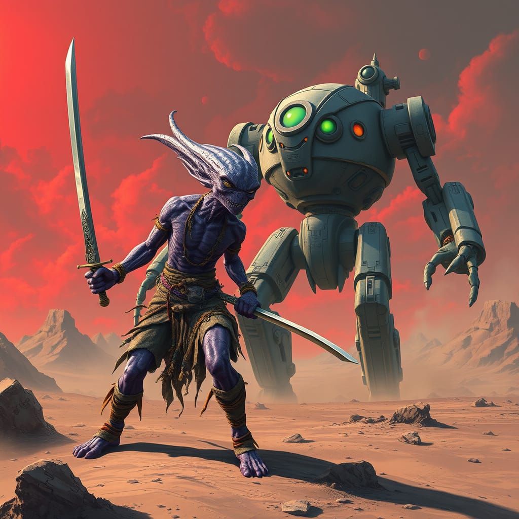 Futuristic Alien Battles a Cyberpunk Robot in a Crimson Skie...
