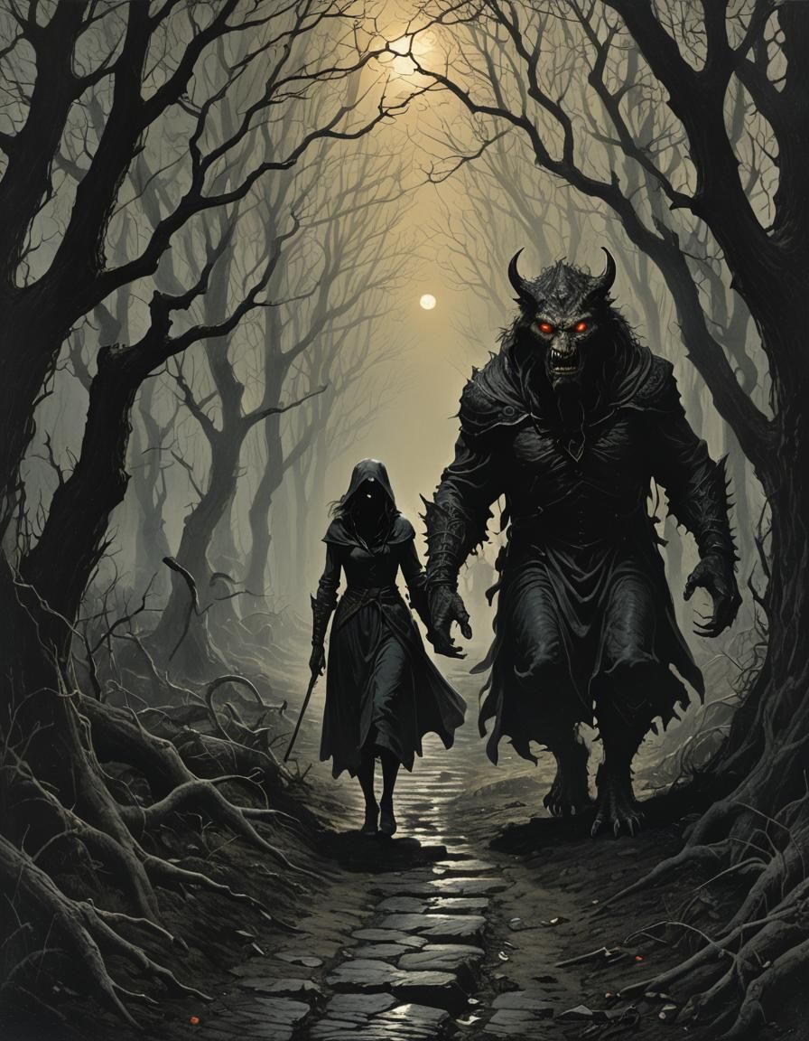Eerie Beast Stalks Woman in Shadowy Dark Fantasy