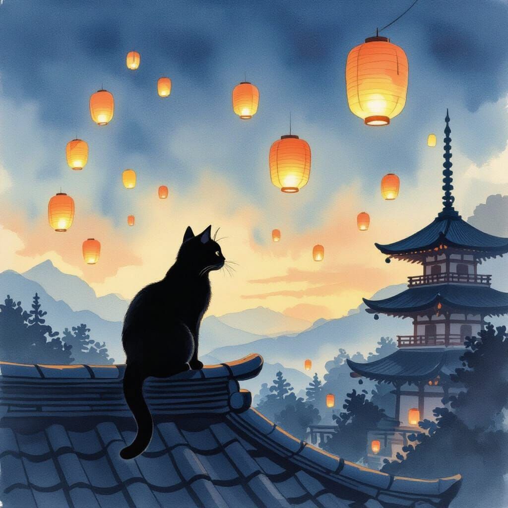 Black Cat Watches Lanterns Ascend Over Temple Roof at Dusk