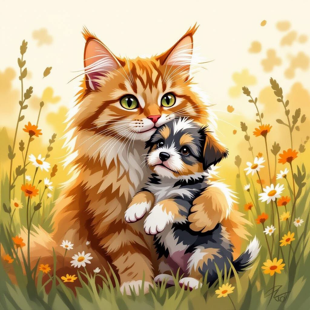 Ginger Cat Cradles Puppy in Whimsical Meadow
