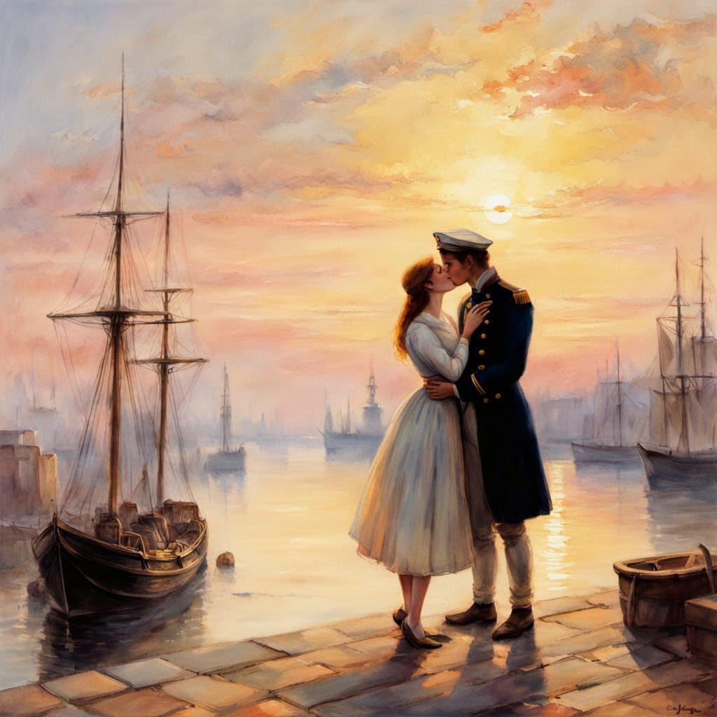 Romantic Sailor's Kiss in Soft Watercolor